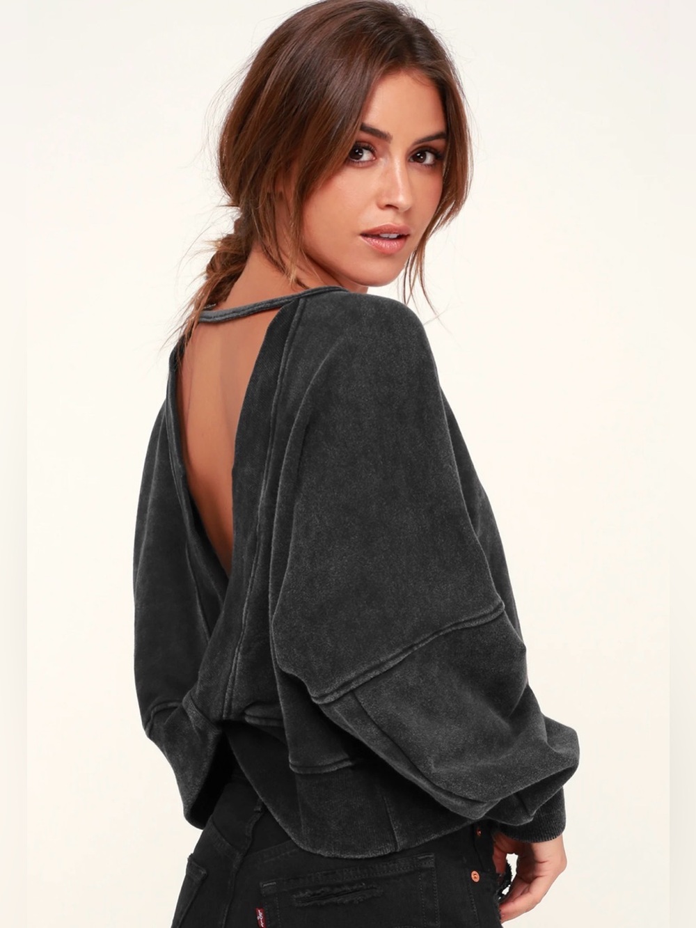 Lulu's Washed Black Open-Back Pullover Sweatshirt